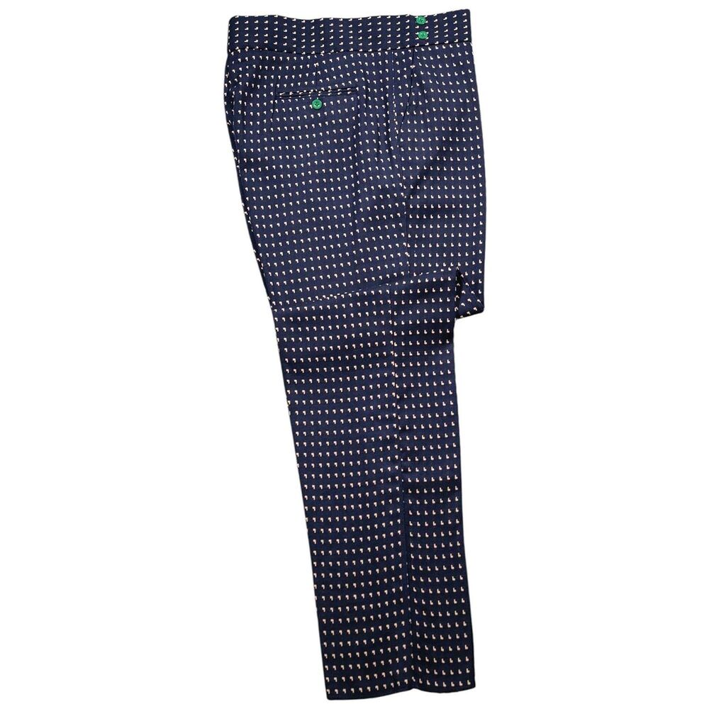 Mens 38 Gurkha Pants Navy Blue Geometric Cotton Trousers Flat Front Straight Fit - Picture 2 of 7
